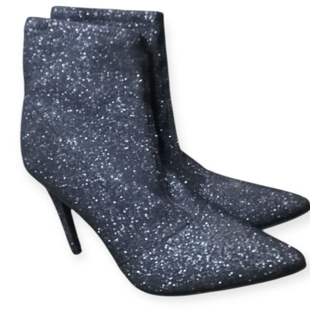 BRASH Women’s Silver and Black Lurex Spicy Pointed Toe Ankle Booties High Heel B
